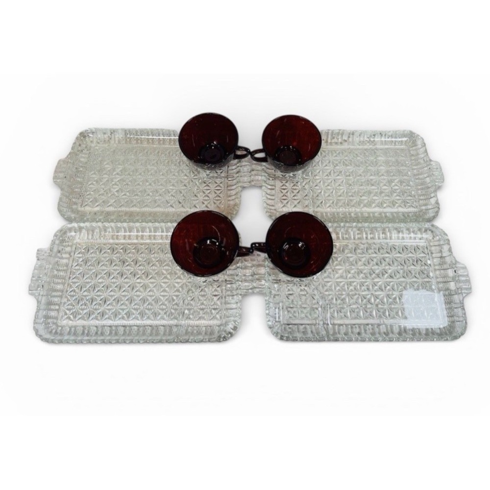 Mid Century Snack Set Ruby Red Cups Anchor Hocking Glass Plates 8pc